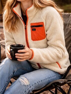 Abercrombie & Fitch Cream and Orange Fleece Sherpa Jacket, size small